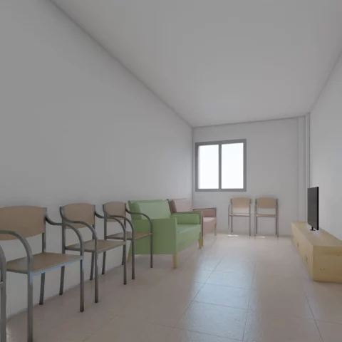 Sala d'attesa attrezzata da Deus Design con arredi resistenti e design essenziale