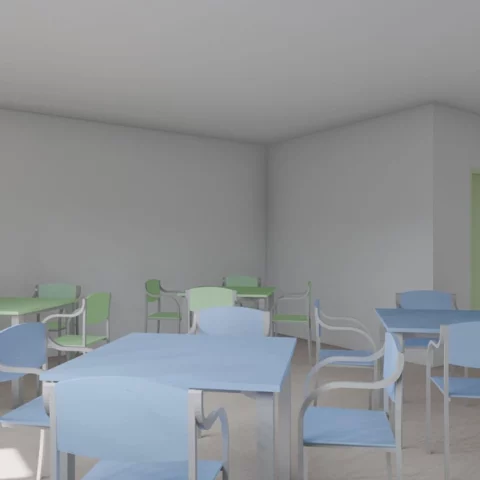 Sala comune attrezzata da Deus Design con arredi resistenti e design essenziale